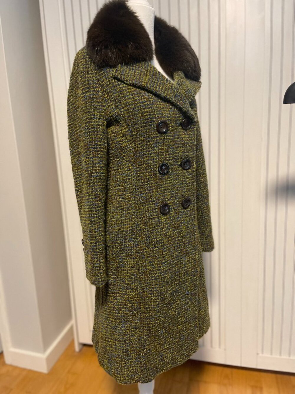 Vintage POPE Self Evolution Wool Blend Tweed Fur Collar Long Coat Womens Small